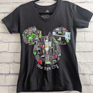 Disney Parks New York City Mickey V Neck Black T Shirt Women's Size Small